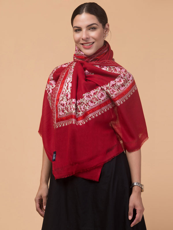 Kashmiri Aari Embroidery Stole, Solid Color with Multicolor Floral Design - Maroon