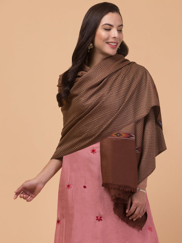 Geometrical Pattern with Plain Palla Shawl for Winters - Brown