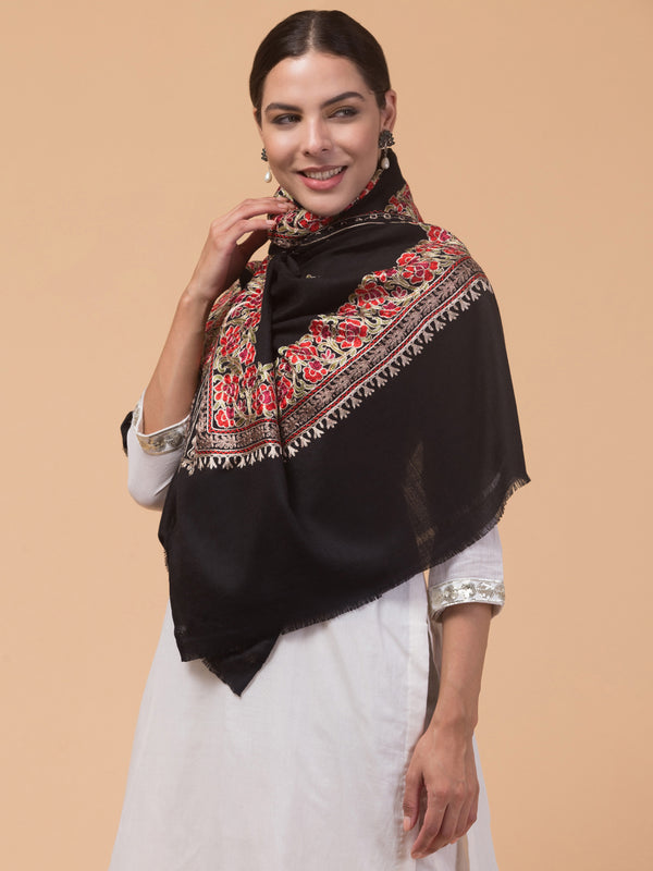 Kashmiri Aari Embroidery Stole, Solid Color with Multicolor Floral Design - Black