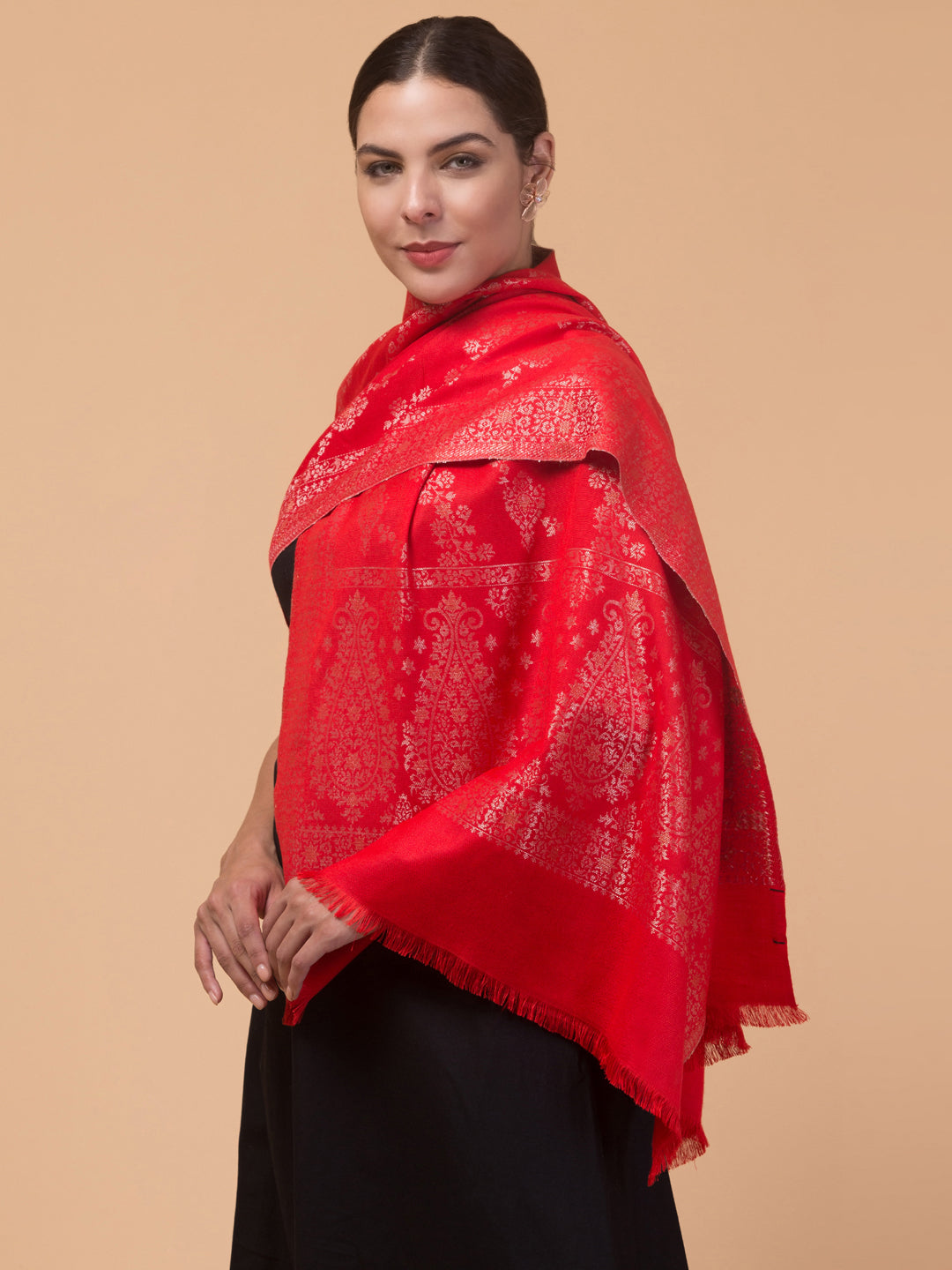 Zari Weave Floral Design Acrylic Stole - Red