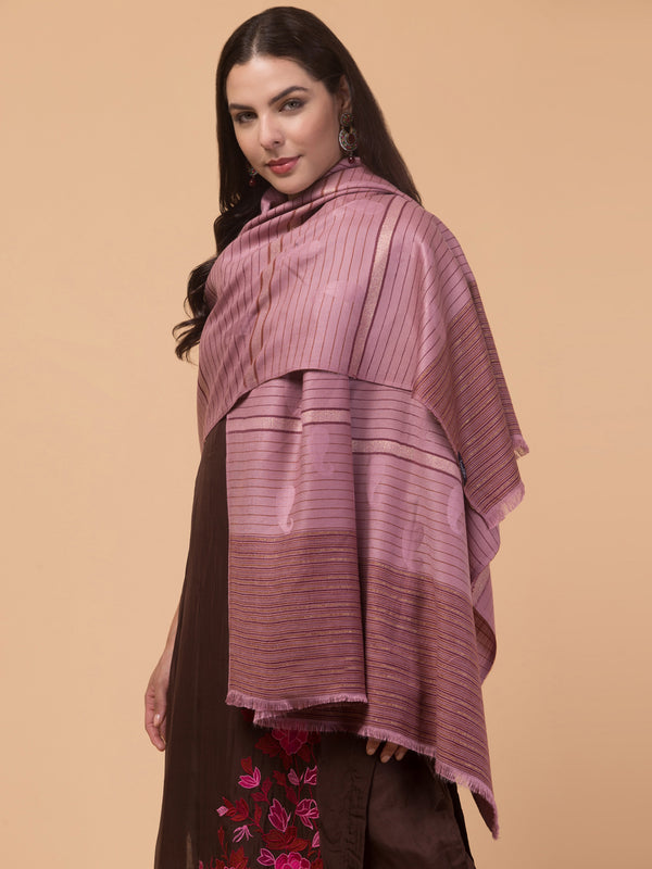 Stripes Design, Pink Zari Weave Acro Wool Shawl