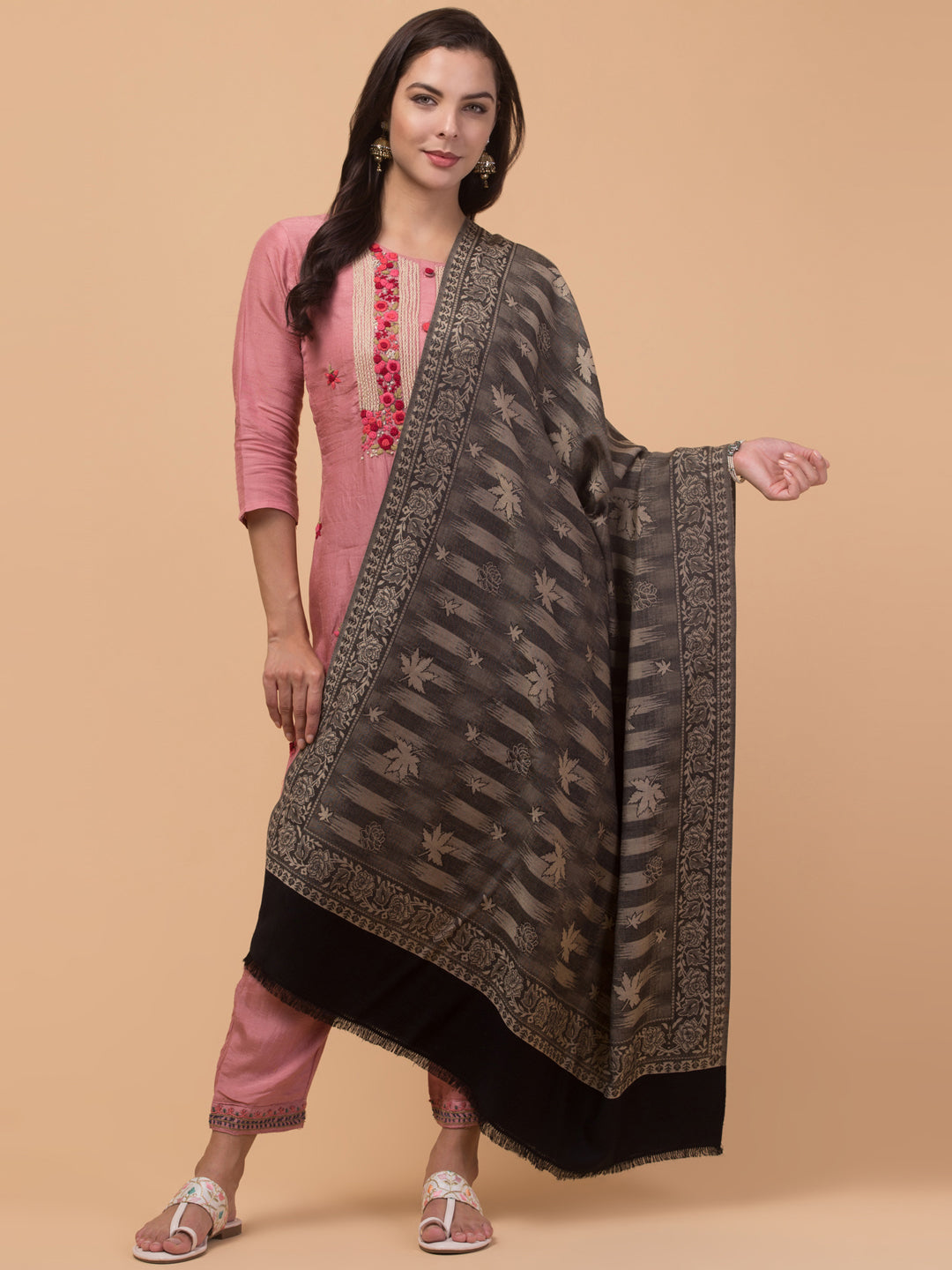 Ethnic Reversible Acrylic Shawl in Kashmiri Chinar Patta Pattern - Black
