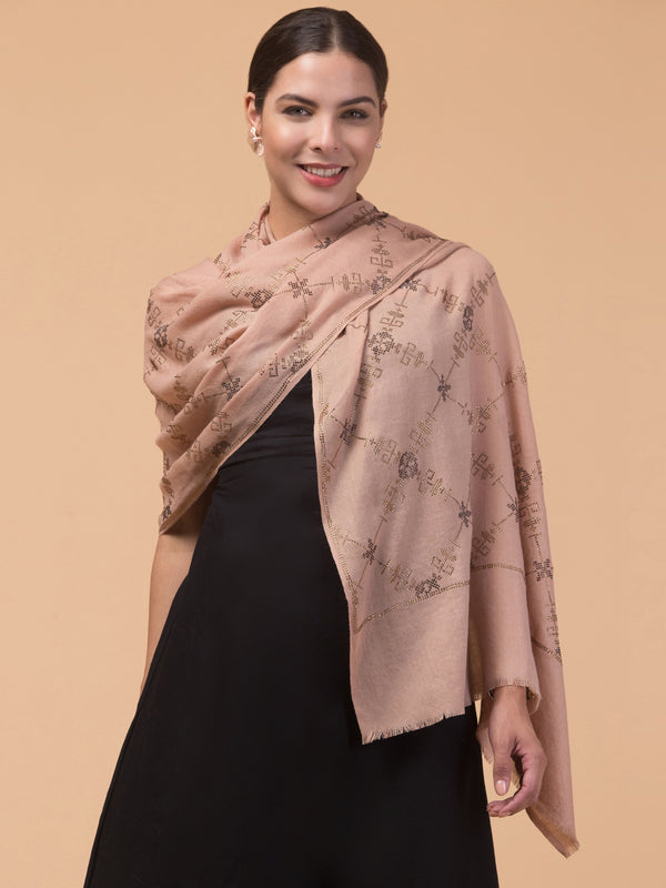 Fine Wool Crystal / Stone Work Stole - Beige