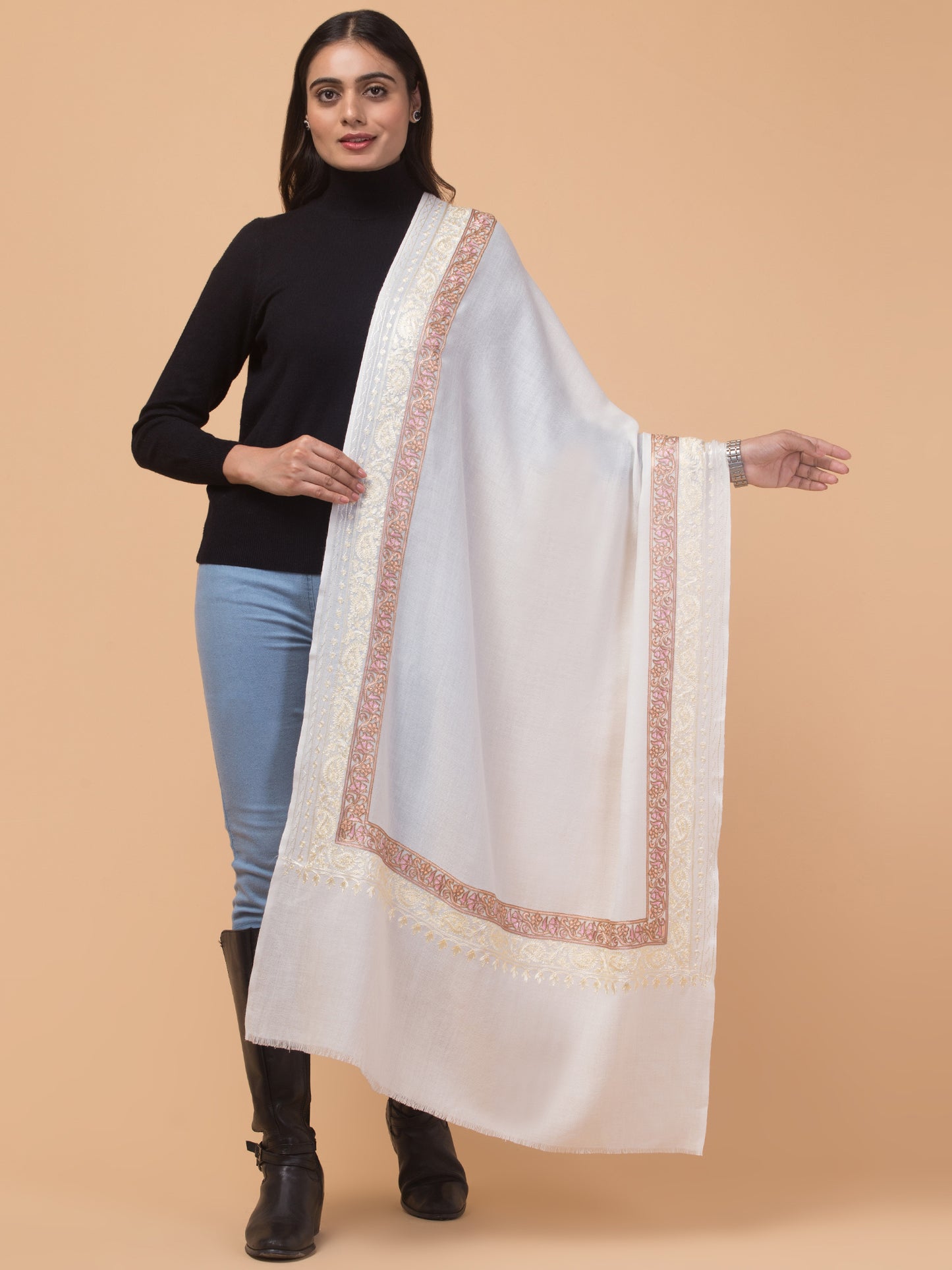 Tweedle Fine Wool Embroidered Stole for Women - Off-White, Size -28x80