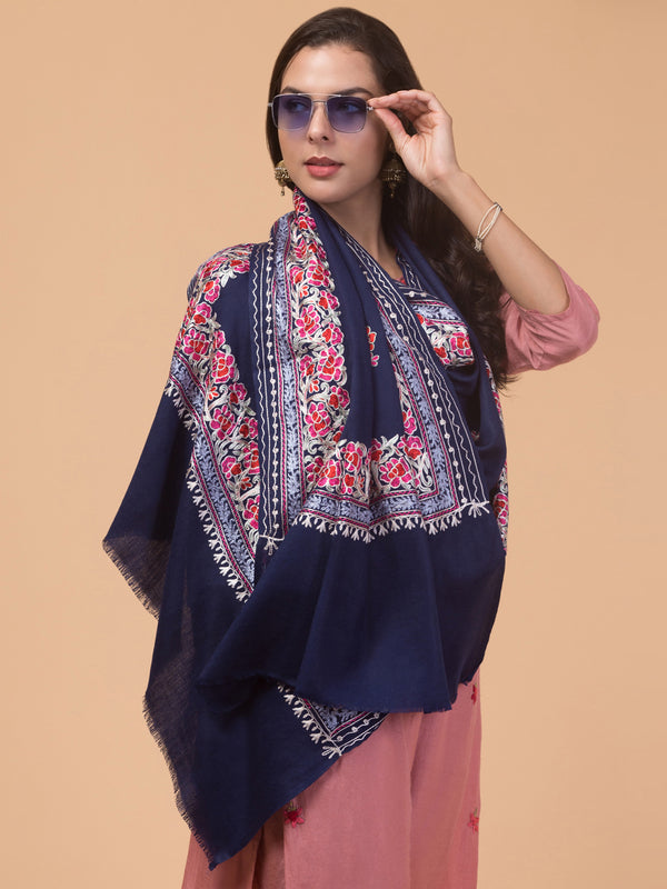 Kashmiri Aari Embroidery Stole, Solid Color with Multicolor Floral Design - Navy Blue