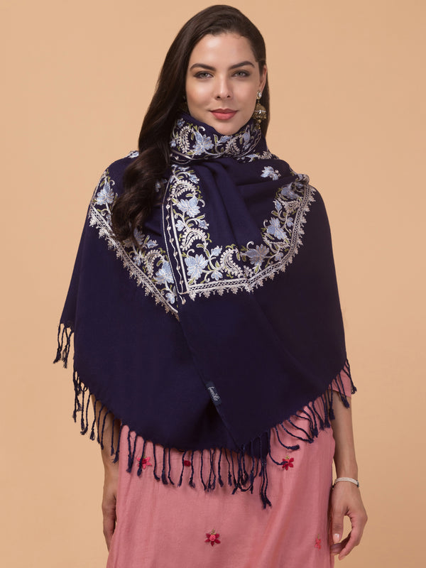 Acro Wool Stole / Wrap with Aari Embroidery Border - Navy Blue