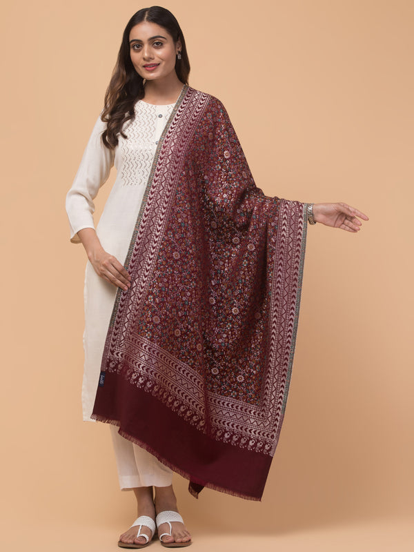 Floral Design Stole with Geometric Zari Border - Wine