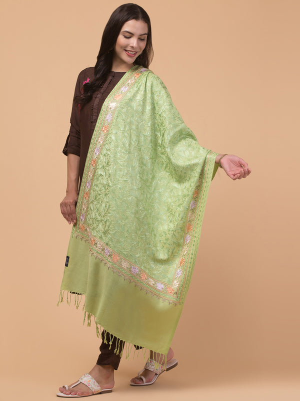 Acro Wool, Soft Feel Kashmiri Embroidery Stole for Winters - Light Green