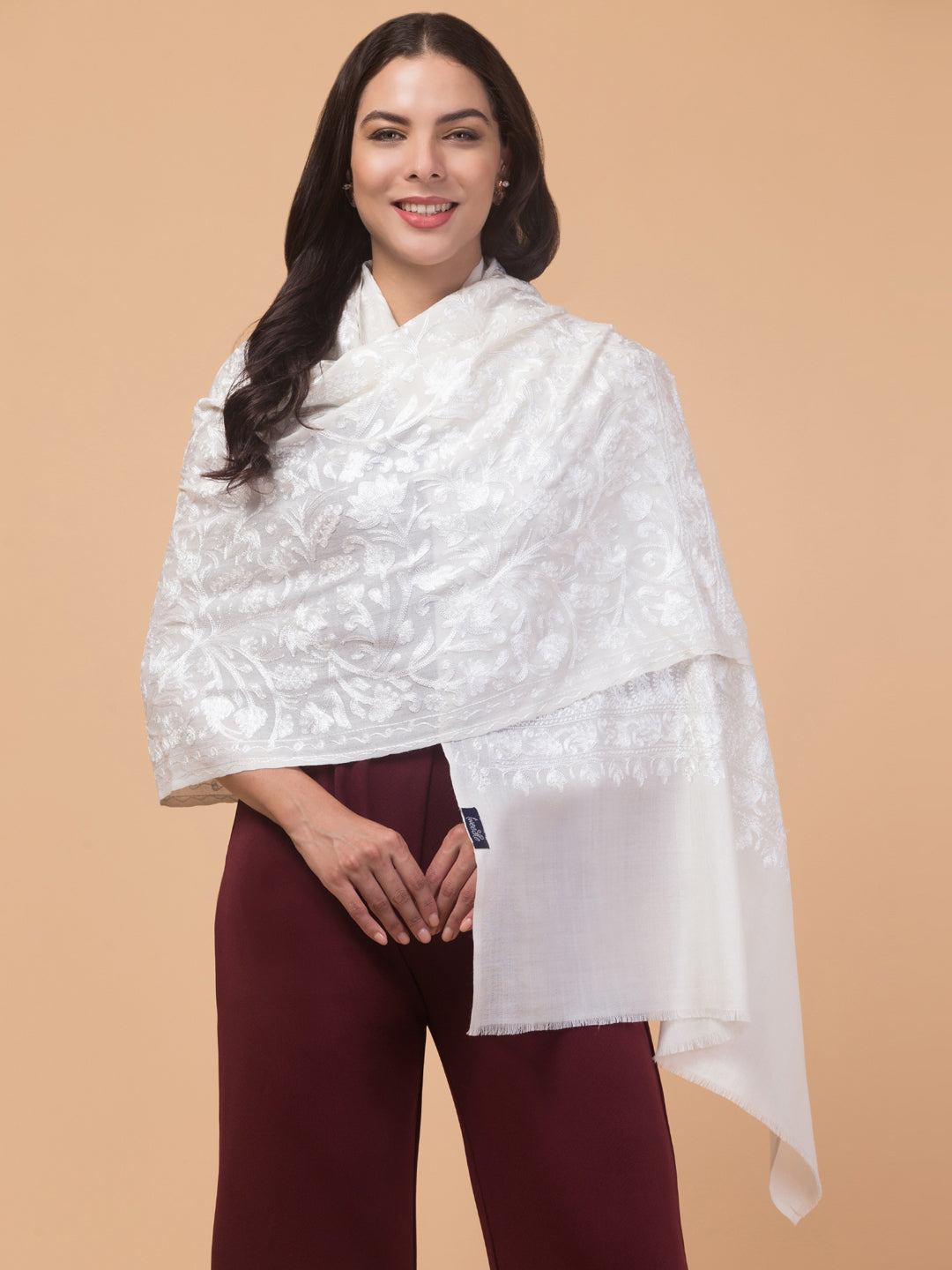 tweedle Women's Fine Wool Tone to Tone  Kashmiri Embroidery Stole - Off White