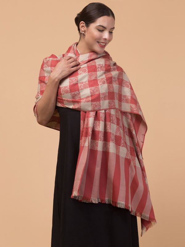 Reversible, Check Design, Woven Shawl - Peach Pink