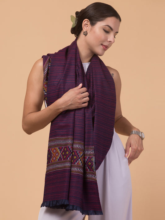 Ethnic Kullu Shawl for Women, Traditional Himachali Design with Tribal Motifs - Purple