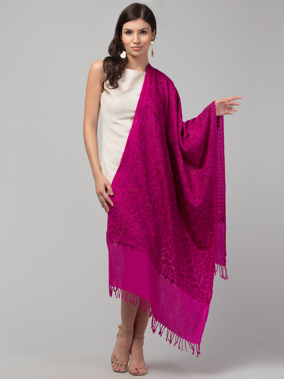 tweedle Women's Fine Wool Tone to Tone Aari Embroidery Stole with Stone Work - Rose