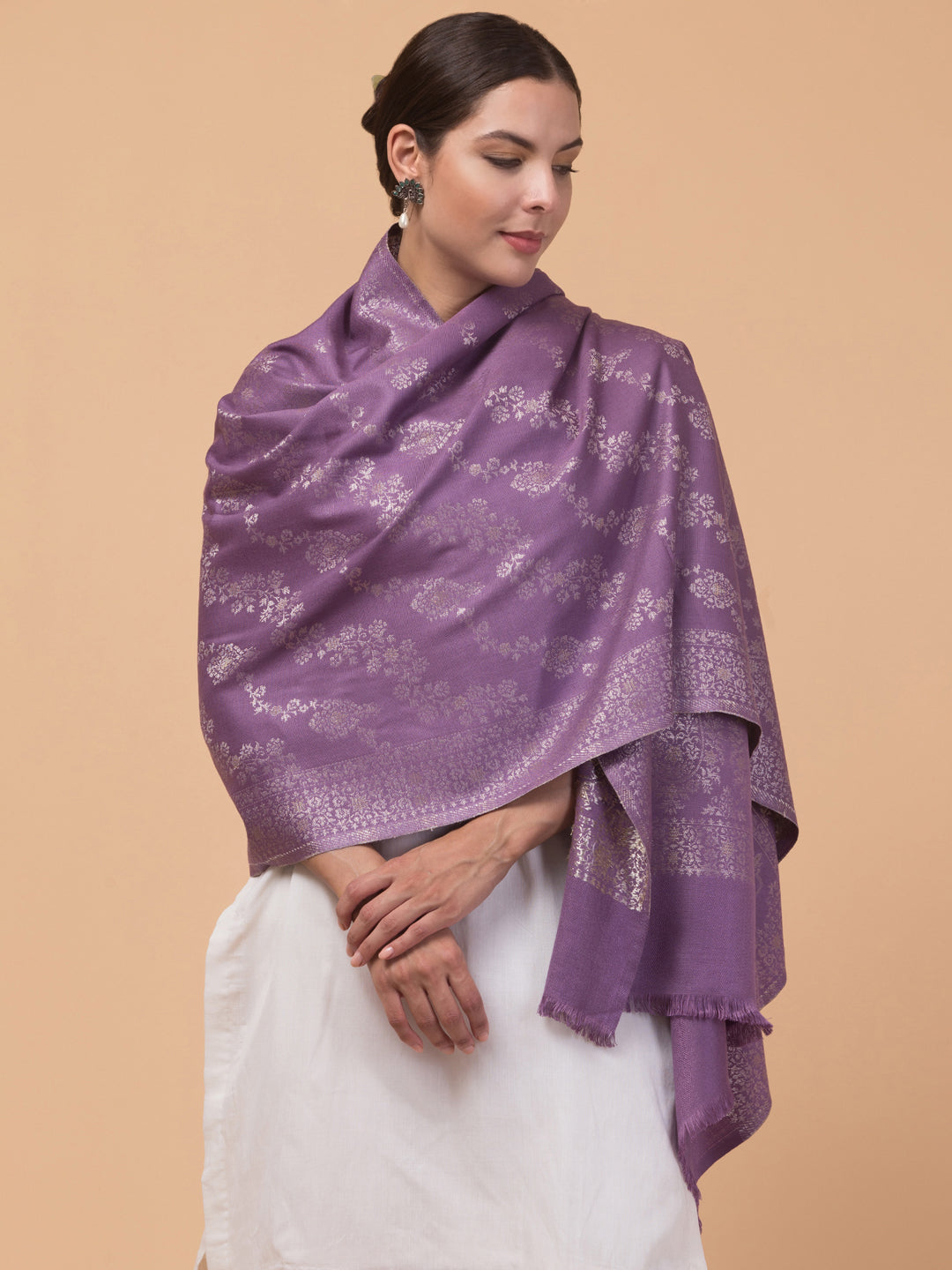 Zari Weave Floral Design Acrylic Stole - Purple