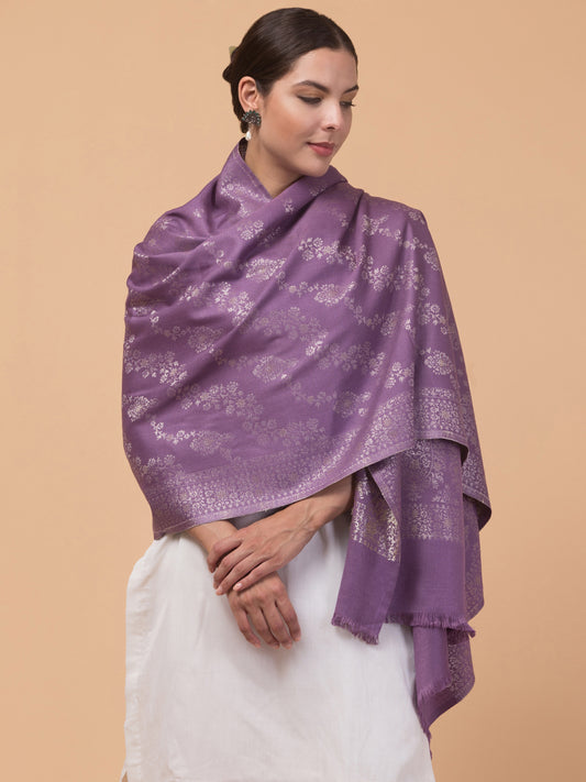 Zari Weave Floral Design Acrylic Stole - Purple