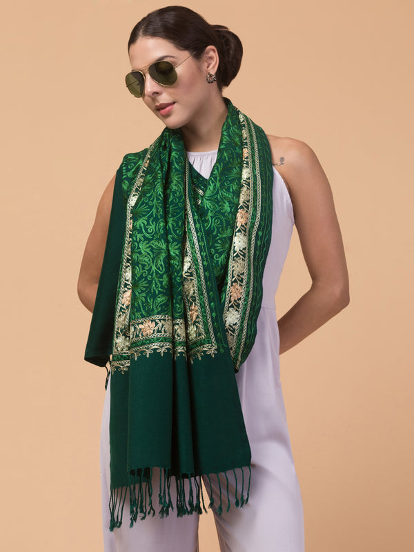 Acro Wool, Soft Feel Kashmiri Embroidery Stole for Winters - Dark Green