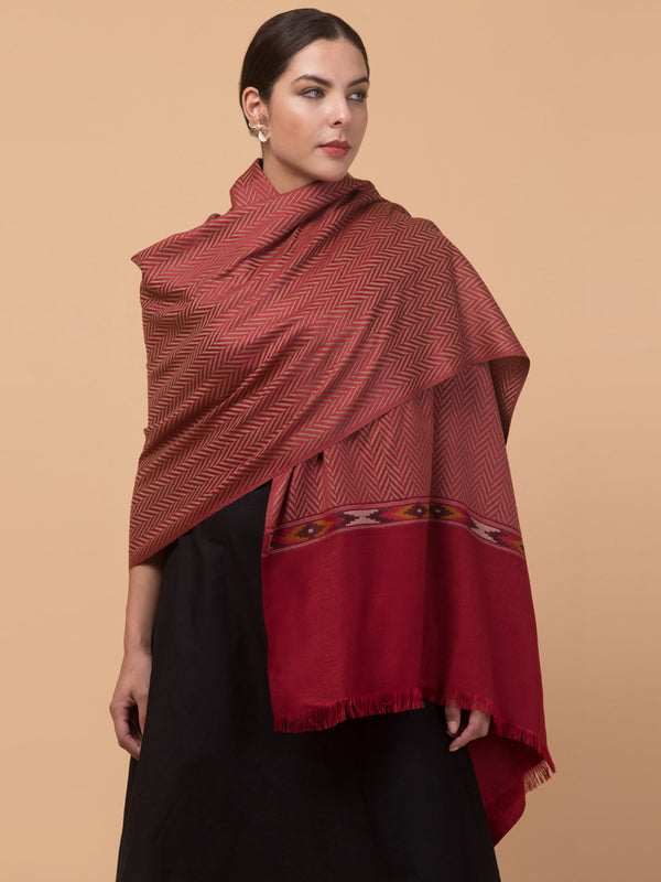 Geometrical Pattern with Plain Palla Shawl for Winters - Maroon