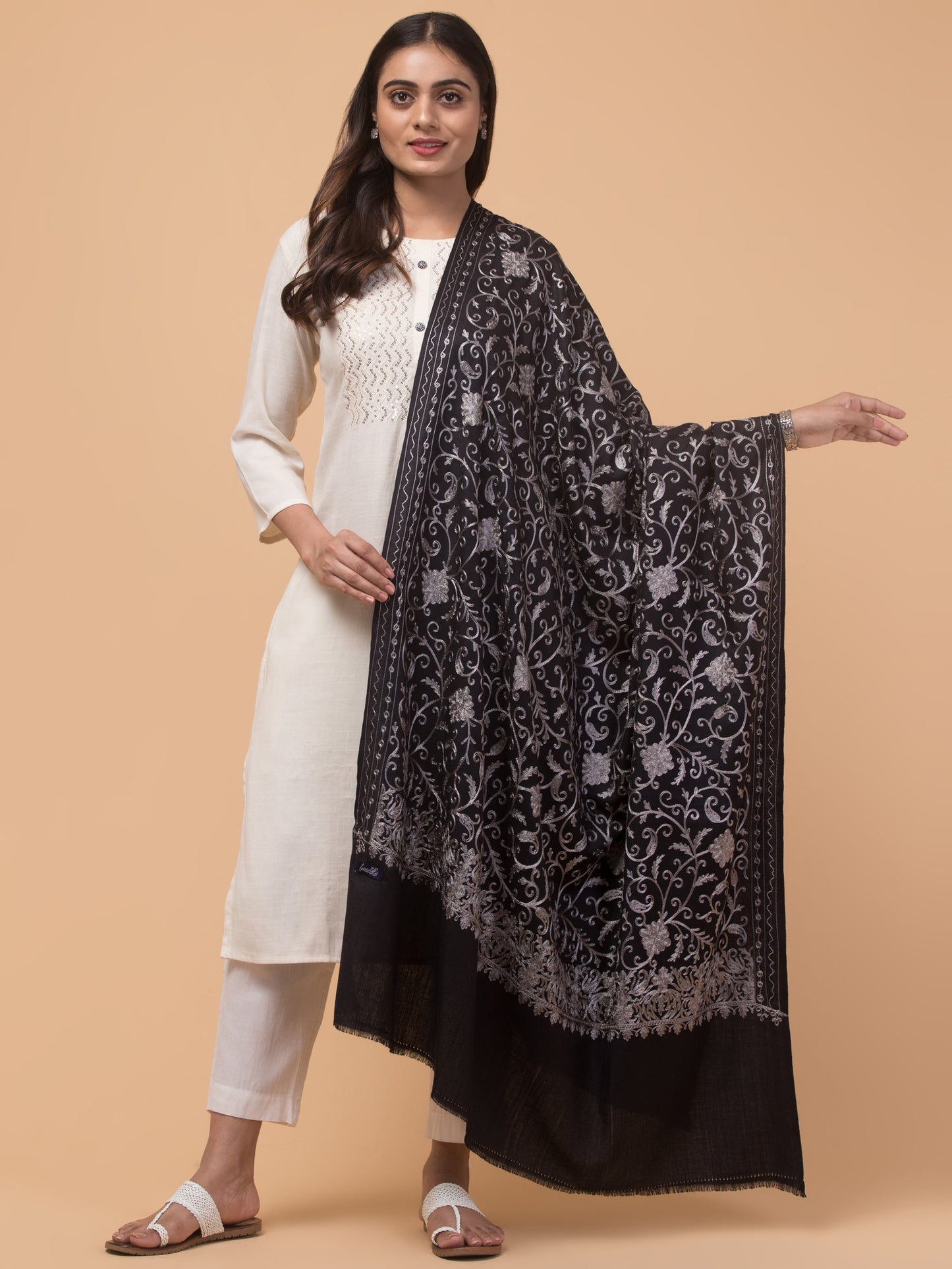 tweedle Kashmiri Aari Embroidery Shawl for Women - Black (40 x 80 inches)