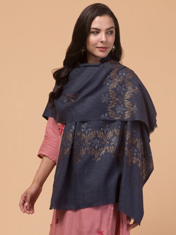 Crystal /Stone Booti Work Fine Wool Stole - Navy Blue