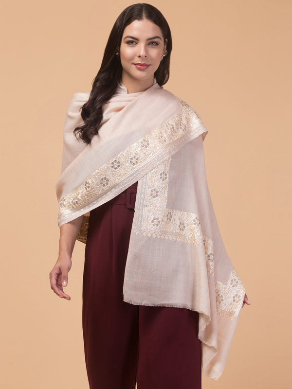 Fine Wool Embroidered Stole, Floral Pattern and Stone Work Border, Off White