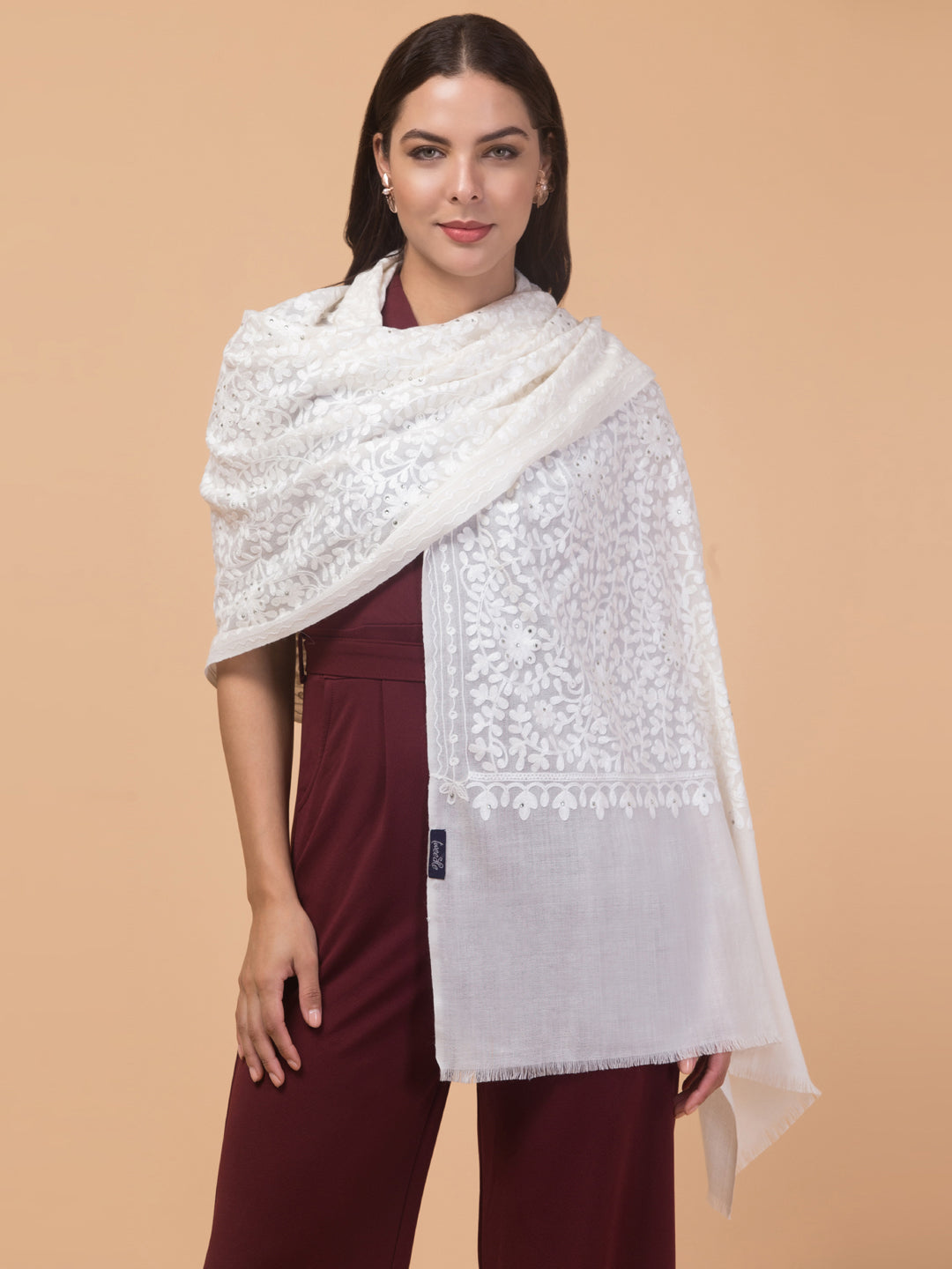tweedle Women's Fine Wool Tone to Tone Aari Embroidery Stole with Stone Work - Off White