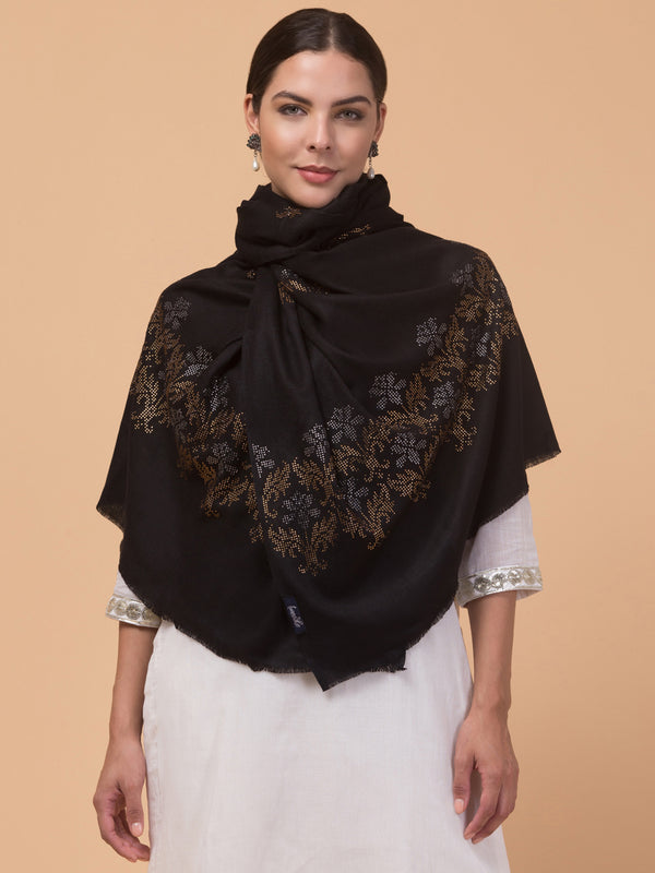 Crystal /Stone Booti Work Fine Wool Stole - Black