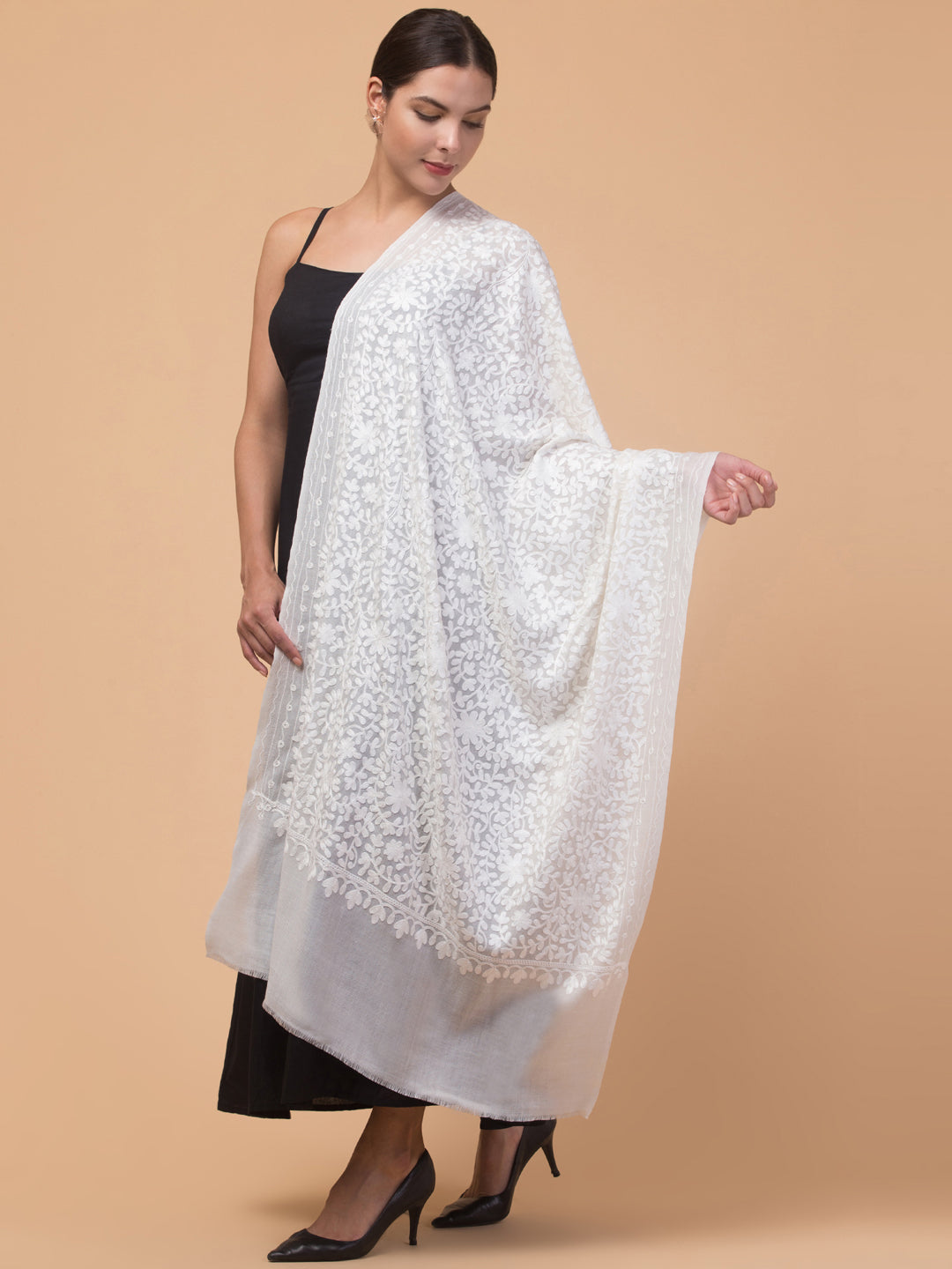 Pure Wool White on White Kashmiri Embroidery Stole