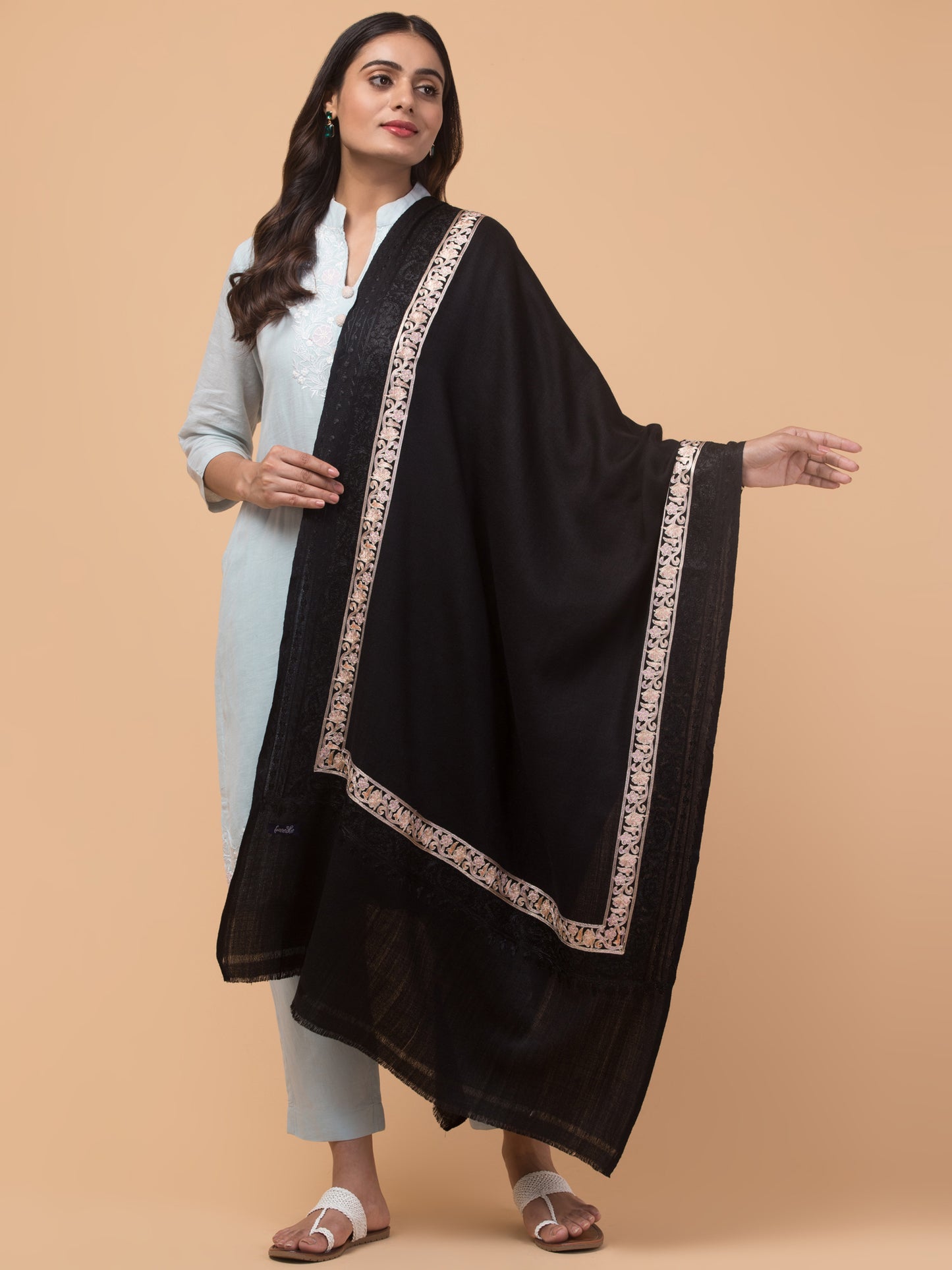 Tweedle Fine Wool Embroidered Stole for Women - Black, Size -28x80