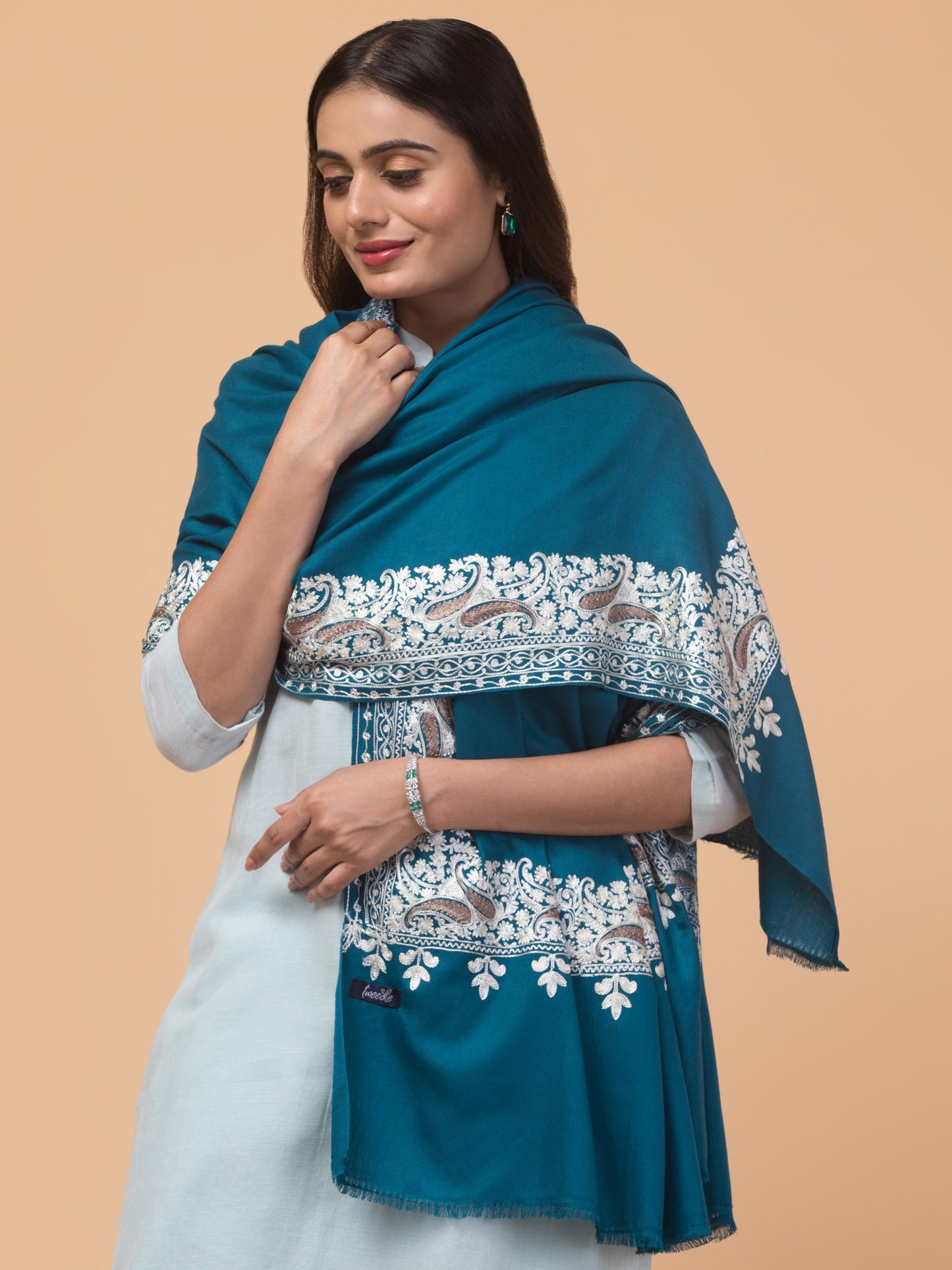 tweedle Kashmiri Aari Embroidery Shawl for Women - Turquoise (40 x 80 inches)