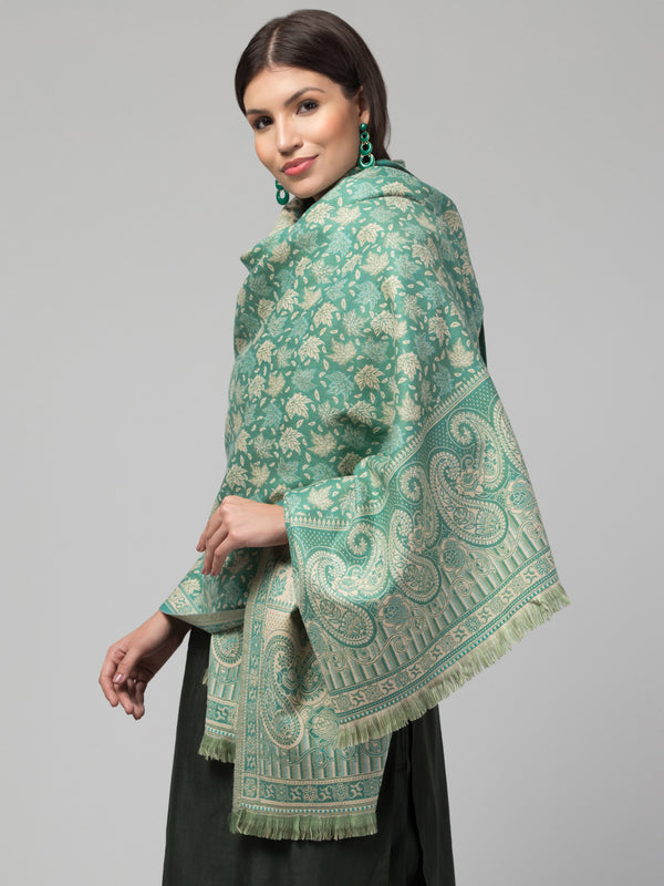 Double Sided Acro Wool Jacquard Shawl - Green