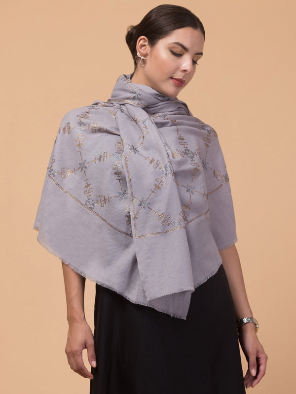 Fine Wool Crystal / Stone Work Stole - Grey