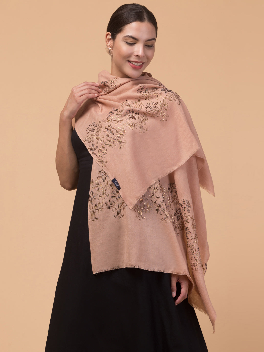Crystal /Stone Booti Work Fine Wool Stole - Beige