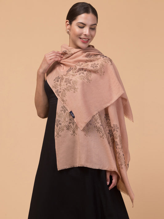 Crystal /Stone Booti Work Fine Wool Stole - Beige
