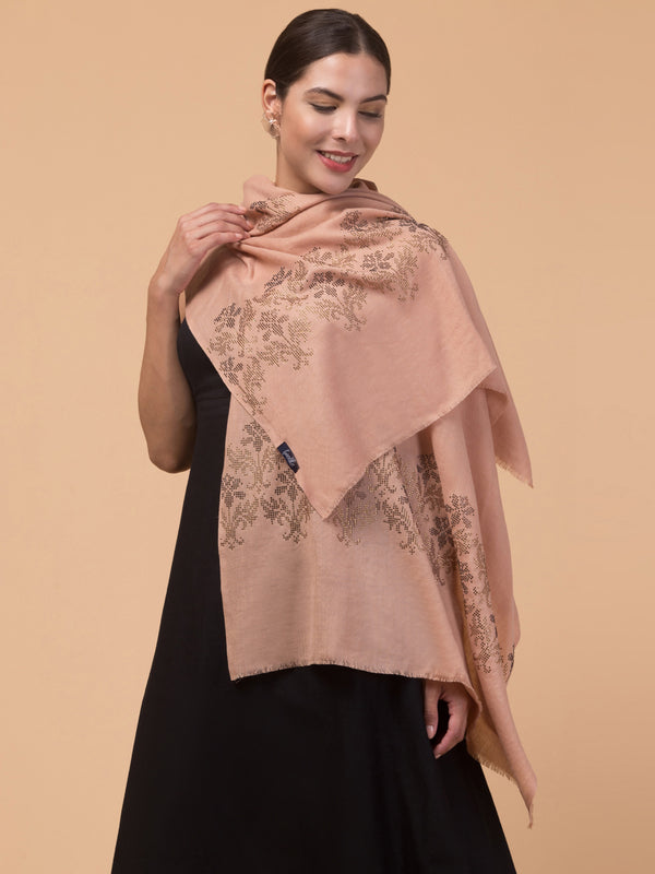 Crystal /Stone Booti Work Fine Wool Stole - Beige