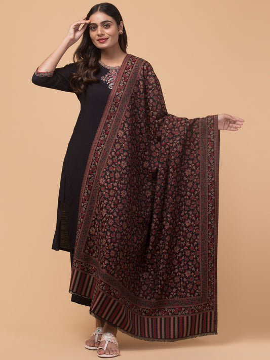 Ethnic Kashmiri Kani Design, Faux Pashmina Shawl - Black