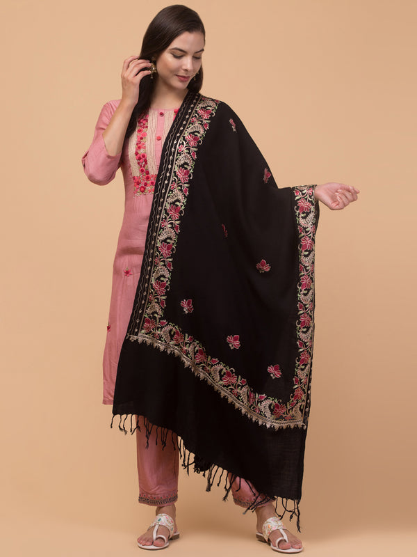 Acro Wool Stole / Wrap with Aari Embroidery Border - Black