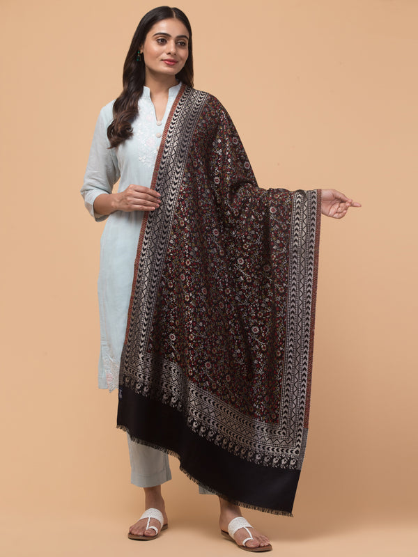 Floral Design Stole with Geometric Zari Border - Black