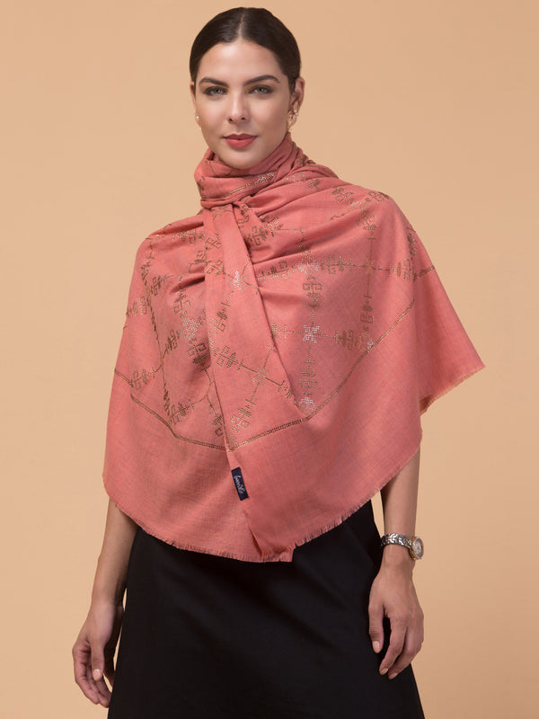 Fine Wool Crystal / Stone Work Stole - Peach