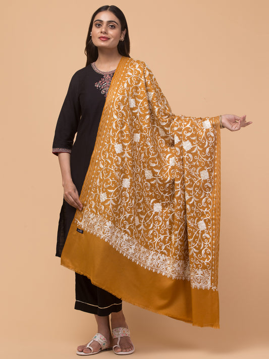 tweedle Kashmiri Aari Embroidery Shawl for Women - Mustard (40 x 80 inches)
