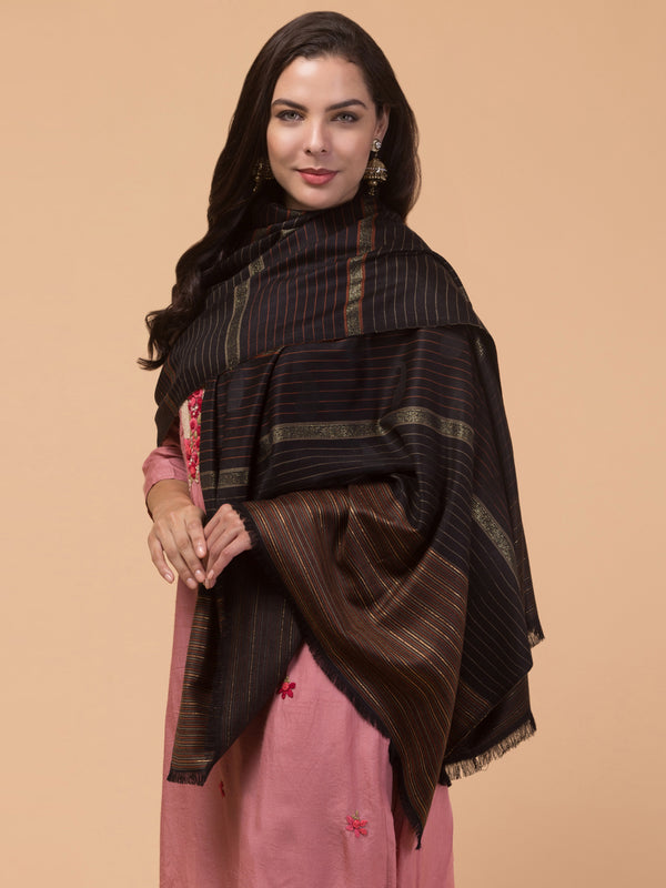 Stripes Design, Black Zari Weave Acro Wool Shawl