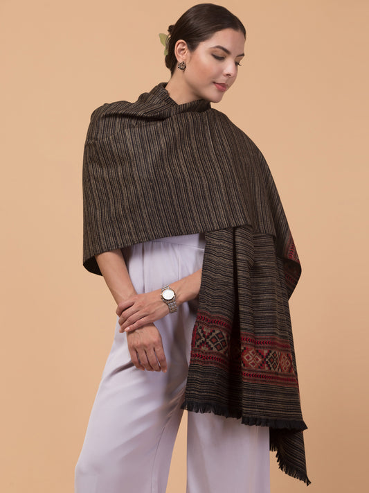 Ethnic Kullu Shawl for Women, Traditional Himachali Design with Tribal Motifs - Black