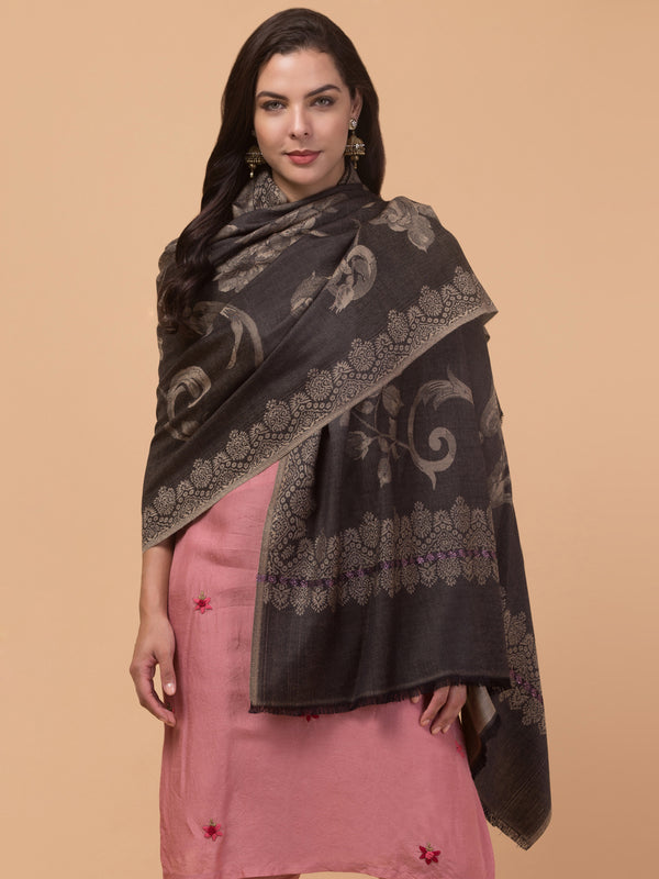 Soft and Smooth Feel, Rose Design, Reversible Shawl - Black