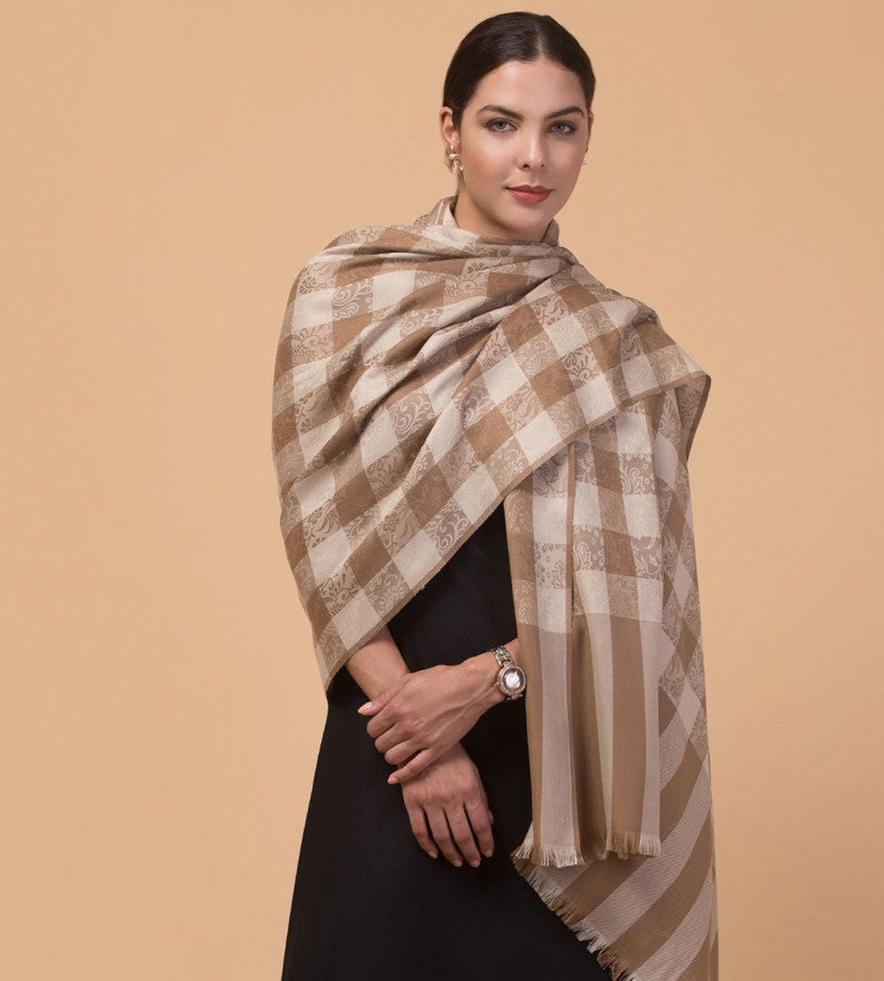 Reversible, Check Design, Woven Shawl - Beige