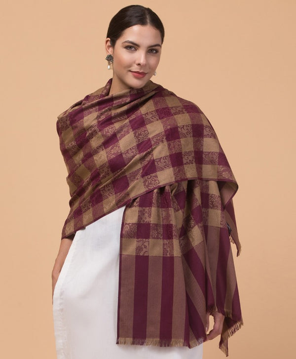 Reversible, Check Design, Woven Shawl - Wine