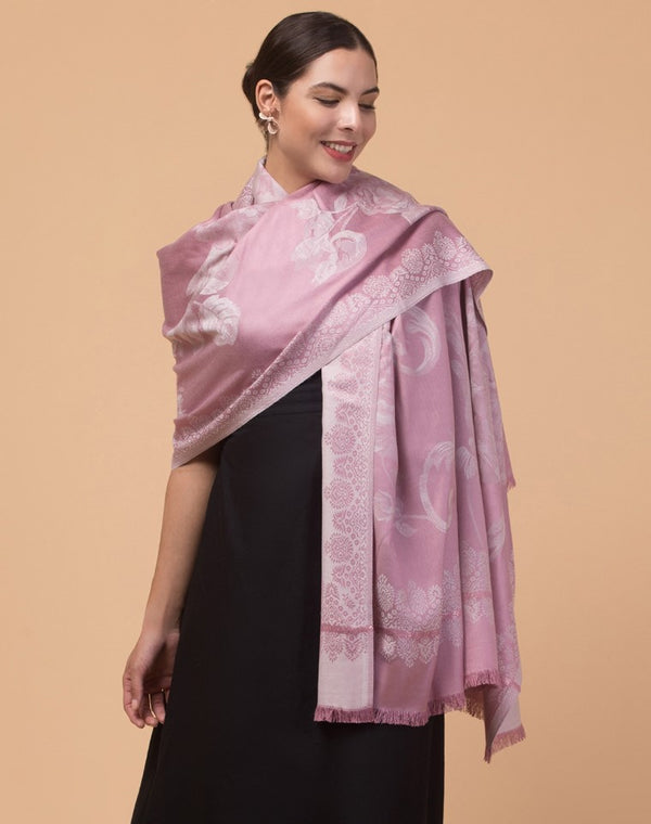 Soft and Smooth Feel, Rose Design, Reversible Shawl - Pink