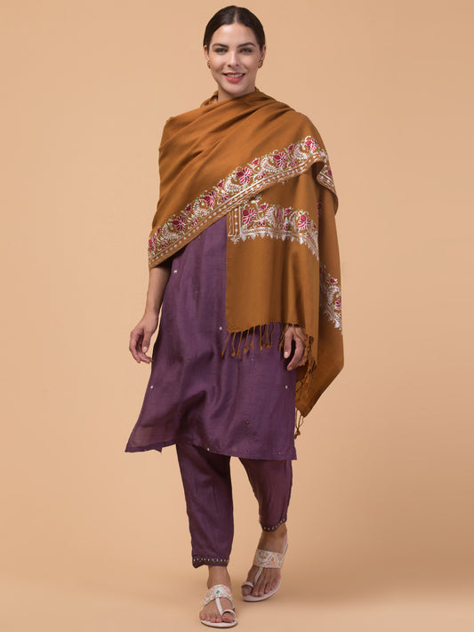 Acro Wool Stole / Wrap with Aari Embroidery Border - Mustard