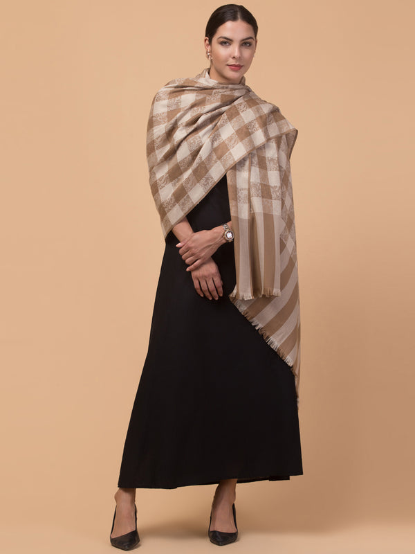 Reversible, Check Design, Woven Shawl - Beige