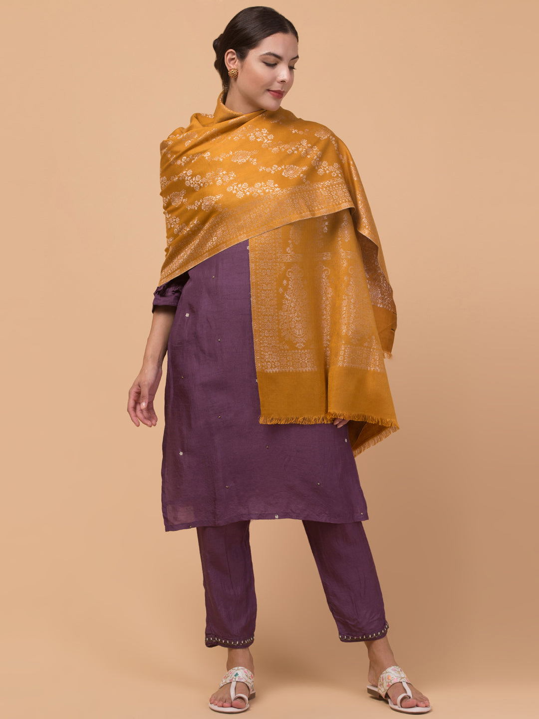 Zari Weave Floral Design Acrylic Stole - Yellow