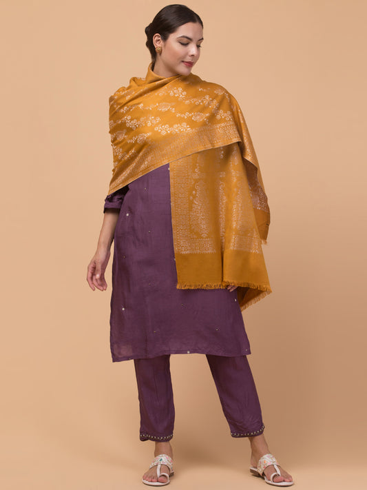 Zari Weave Floral Design Acrylic Stole - Yellow