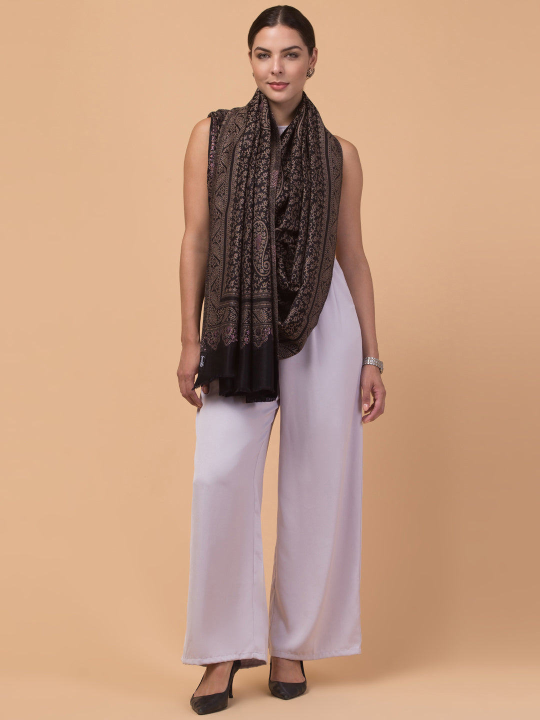 Zari Work Paisley Design Shawl - Black