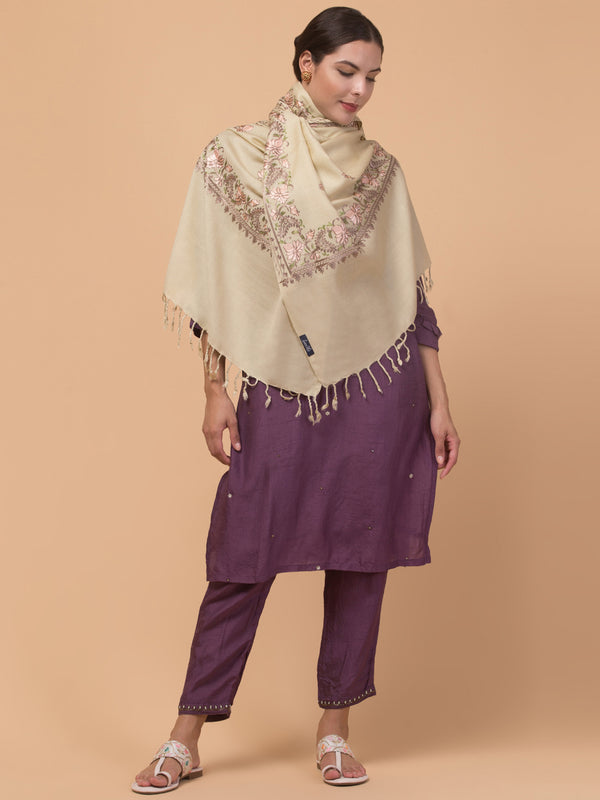 Acro Wool Stole / Wrap with Aari Embroidery Border - Off White